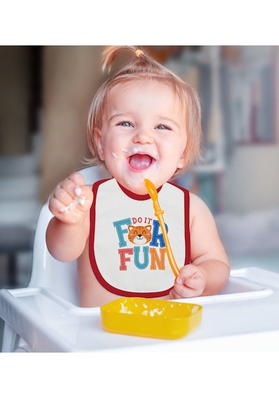 BK Kids Do it For Fun Tasarımlı Kırmızı Bebek Mama Önlüğü-1 Kırmızı