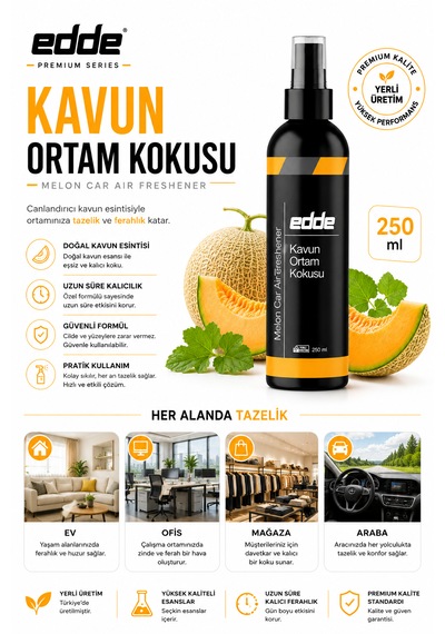 Edde Kavun Kokulu Ferah Kalıcı Araba Araç Oto Kokusu Araç Içi Kokuları 250 Ml Oto Parfümü Oto Detailing