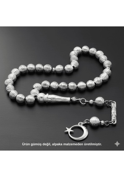 Tesbihname Helezon Tasarım Kalem İşçilikli Ayyıldız Püsküllü Küre Kesim Gümüş Renk Alpaka Tesbih