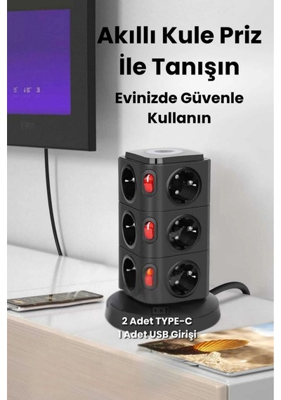 12 Prizli Güç Kulesi Akıllı Priz 3 Usb + Kablosuz Şarj 3680w Yüksek Güç