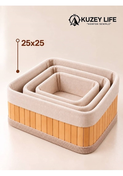 Kuzeylife Bambu Trio Kare 3lü Sepet Seti Kahverengi