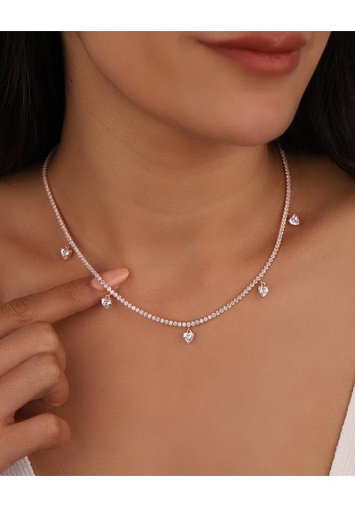 Sarkık Kalp Taşlı 2 Mm Suyolu Zincirli Gümüş Kolye Rose Gold