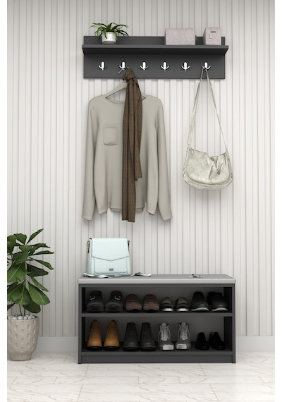 Asra Trend Puflu Ayakkabılık ve Askılık A-34 %100 MDF Minderli Portmanto Seti Antrasit Asra Trend Puflu Ayakkabılık ve Askılık A-34 %100 MDF Minderli Portmanto Seti Antrasit