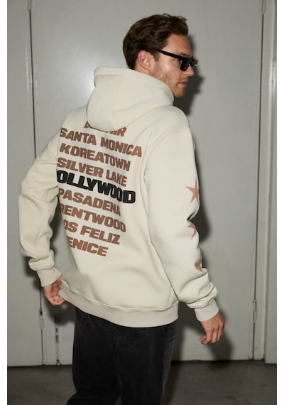 Grimelange Tuxon Erkek Yumuşacık İçi Polarlı Baskı Detaylı Kangru Cepli Regular Taş Rengi Sweatshirt Taş Rengi