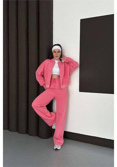 Neşeli Butik Kadın Pembe Fermuarlı 3 İplik Eşofman Takımı Nbesf01 Pembe