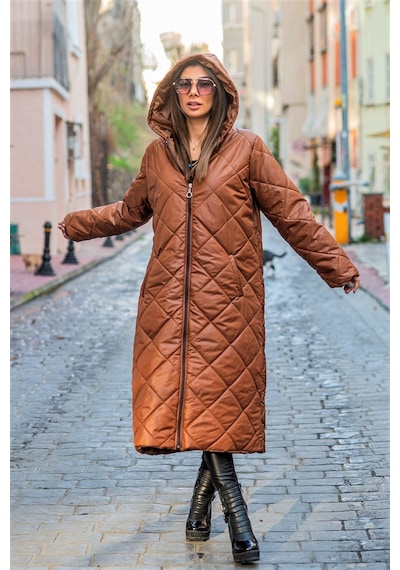 Keyifli Moda Kadın Kahverengi Kapüşonlu Baklava Desen Büyük Beden Uzun Şişme K