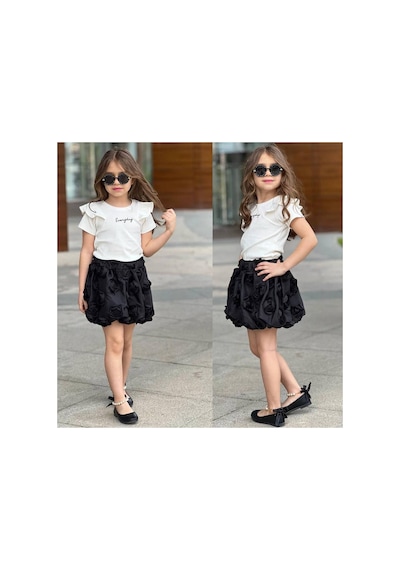 Uğur Bebe Siyah Balon Etek Fitilli Fırfırlı Kol Bady Tişört T-shirt Takım Siyah Siyah
