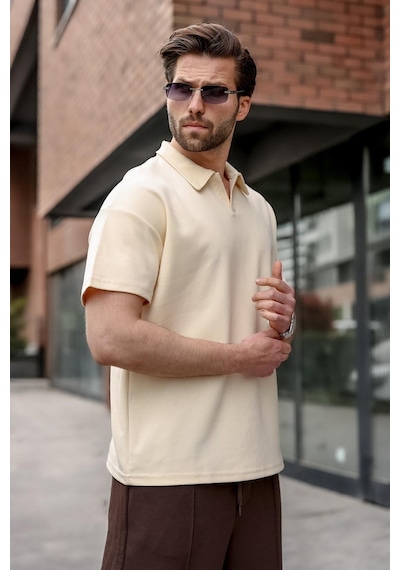 Madmext Bej Polo Yaka Oversize Erkek Tişört E7185