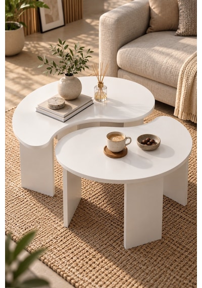Sulorahome 2'li Oval Modern Orta Sehpa Seti Beyaz
