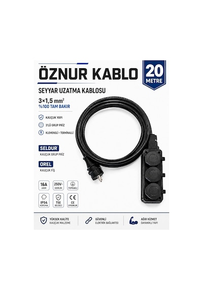 Öznur Kablo Seyyar Uzatma Kablosu 20 Metre Ttr 3x1,5 Mm %100 Tam Bakır Kablo Seldur 3'lü Kauçuk Grup Priz Orel Kauçuk Fiş Ip54 Ip44 20 M