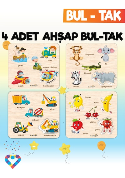 Eğitici 4 Adet Bul-tak Oyuncak Orman Hayvanları, İş Makineleri, Meyveler Ve Taşıtlar