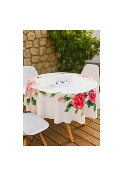 Biçomi Leke Tutmaz & Su İtici Gül Desenli Yuvarlak Duck Masa Örtüsü 150x150 Cm Çok Renkli