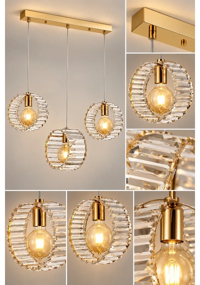 Modern Premium Gold Camlı Led 3 X E27 Duy Sarkıt Salon Mutfak Yemek Odası Avizesi 60w