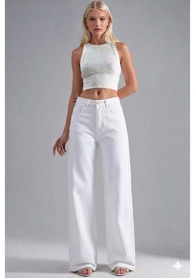 Layal My Beauty Melody Kadın Jeans Wide Leg Rahat Yüksek Bel Salaş Bol Paça Jean Palazzo Denim Kot Pantolon Beyaz