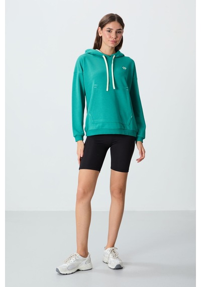 Tommy Life Deniz Yeşili Kompakt Pamuklu Kalın Pürüzsüz Dokulu Kapüşonlu Oversize Fit Kadın Sweatshirt - 97291 Yeşil