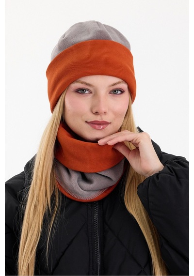 Butikgiz Kadın Dış Kısım Polar, İç Kısım Kaşkorse Pamuklu, Çift Renk, Çift Kat, Katlanabilir Bere Boyunluk Set Gri-kiremit