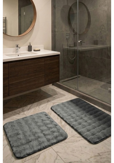 2 Li Peluş Bubble Banyo Paspas Seti 60x100+50x60 Cm Kaymaz Lateks Taban, Yumuşak Yüzey, Yıkanabilir Antrasit