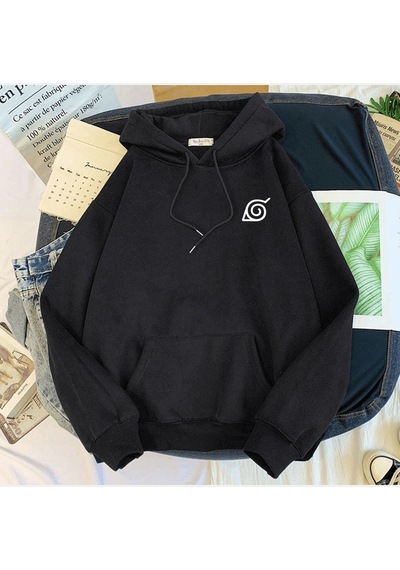 Naruto Konoha Simgeli Siyah Kapşonlu Sweatshirt