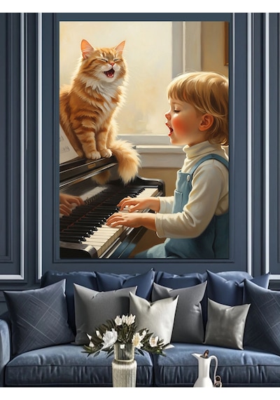 Ahşap Tablo Kedi Ve Kız Piyano Başında Dekoratif Tablolar
