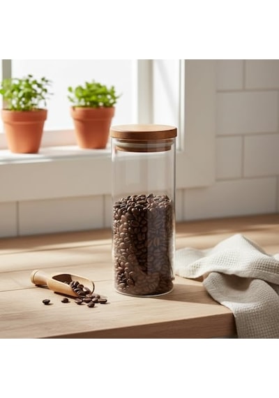 Doğal Akasya Ahşap Kapaklı Borosilikat Cam Kavanoz - 350 Ml Vakumlu Yuvarlak Baharatlık, Çay Ve Kahve Saklama Kabı Çok Renkli
