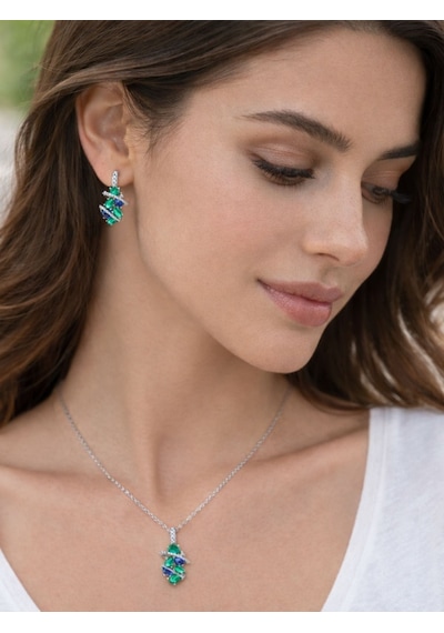 Brezza Lusso Jewelry Zümrüt Oval Taşlı Luxury Kadın Gümüş Kolye Küpe Set