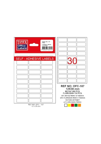 Tanex Ofis Etiketi Poşetli 12x30 Mm Beyaz Ofc-107 Çok Renkli