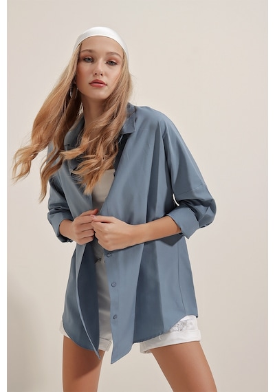 Bigdart 3900 Oversize Uzun Basic Gömlek - İndigo 001