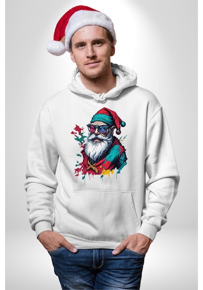 Renkli Noel Baba Yeni Nesil Gözlüklü Kadın Erkek Beyaz Kapüşonlu Sweatshirt Hoodie Beyaz