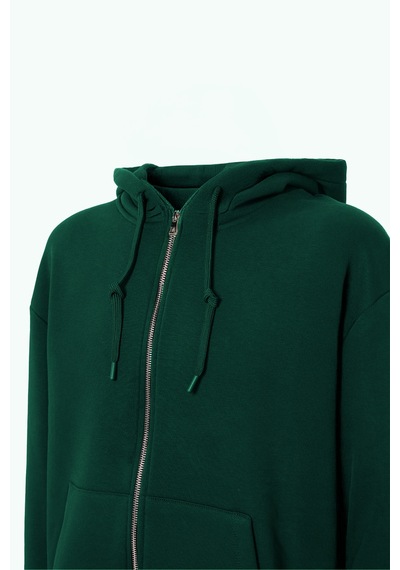 Tudors Unisex Relax Fit Rahat Kesim Pamuklu İçi Polarlı Çift Cepli Tam Fermuarlı Yeşil Kapüşonlu Sweatshirt-32700 Yeşil
