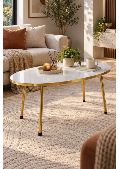 Sulorahome Gold Metal Oval Orta Sehpa Beyaz Altın - Beyaz