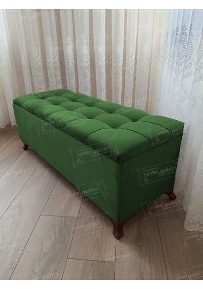 Çizgi Kapitoneli Sandıklı Puf 90 Cm Ceviz Ayak Yeşil