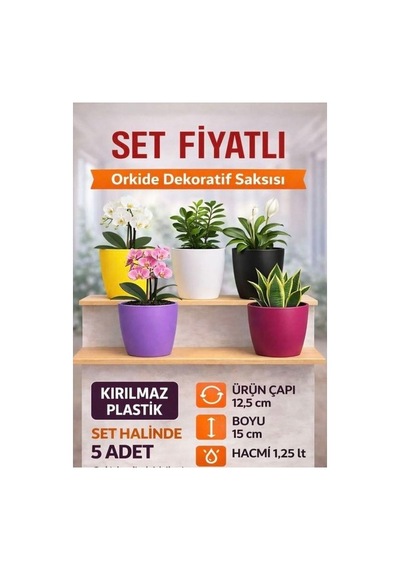 Hüskon Ticaret 5'li Orkide Dekoratif Saksı Seti Kırılmaz Plastik 1.25 L 12.5 Cm Çap 15 Cm Yükseklik Renkli
