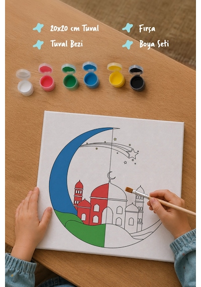 Mavi Hilal İçinde Cami Şövalesiz Boya Seti 20x20