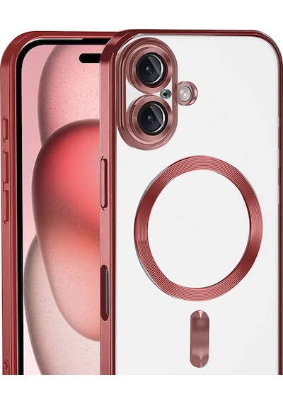 Apple Uyumlu iPhone 17 İçin Magsafe İle Kılıf Kamera Lensli Korumalı Şeffaf Silikon Kapak Kırmızı