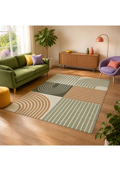 Kartela Halı Retro Çizgili Patchwork Halı Adaçayı Yeşili Kaymaz Taban 100x150 Cm