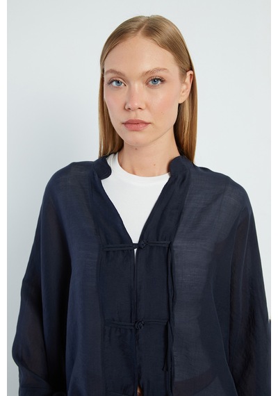 Fullamoda Geniş Kol Oversize Transparan Kimono Lacivert