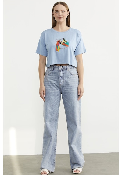 Oversize Baskılı Crop Tişört - Mavi Çok Renkli