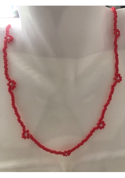 Lim10lubahçe Kırmızı Çiçekli Boncuk Kolye