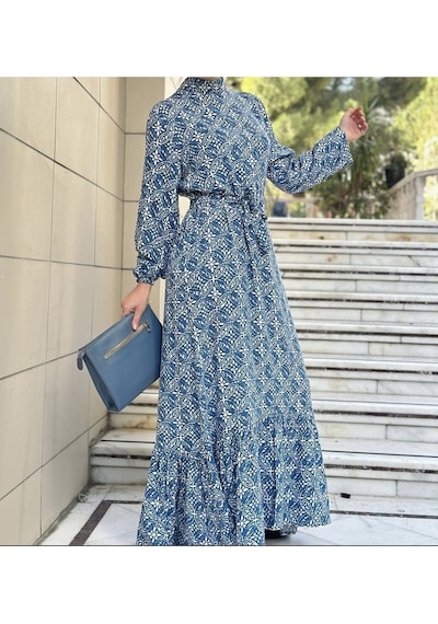 Lasorella Butik Desenli Mavi Uzun Elbise