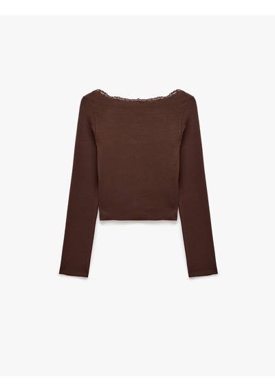 Koton Modal Karışımlı Dantel Detaylı Slim Fit Kısa Kollu U Yaka Hırka Kahverengi 6sal90025ık Kahve
