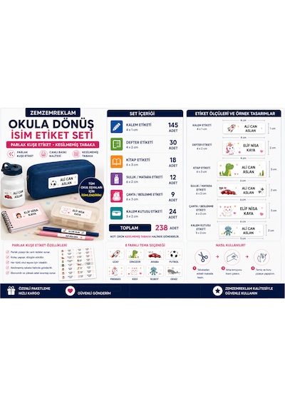 Kişiye Özel Okul Etiket Seti 238 Adet Kalem Defter Kitap Suluk Çanta Etiketi İsim Soyisim Çok Renkli