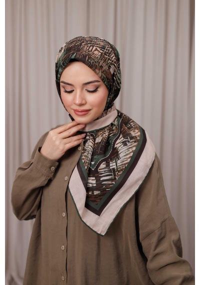 Mimiyum İz Desen Soft Eşarp Yeşil Bej Çok Renkli