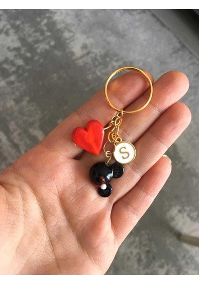 Murano Minnie Kırmızı Kalp Kişiye Özel Harfli Tasarım Anahtarlık