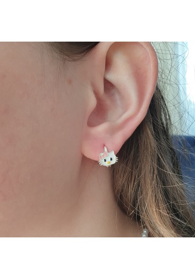 MAGRİB pembe fiyonklu sevimli kedi hello kittyli gümüş çocuk küpe