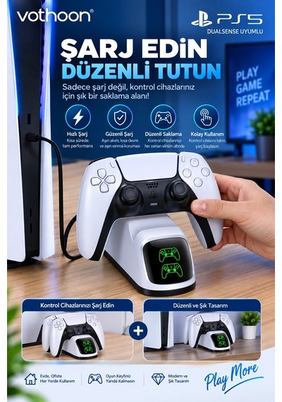 Ps5 Dualsense Uyumlu Çiftli Şarj İstasyonu Hızlı Şarj Standı Led Şarj Göstergeli 1 Adet