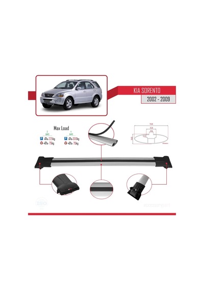Kia Sorento 2002-2009 Arası İle Uyumlu Fly Model Ara Atkı Tavan Barı Gri 3 Adet Bar