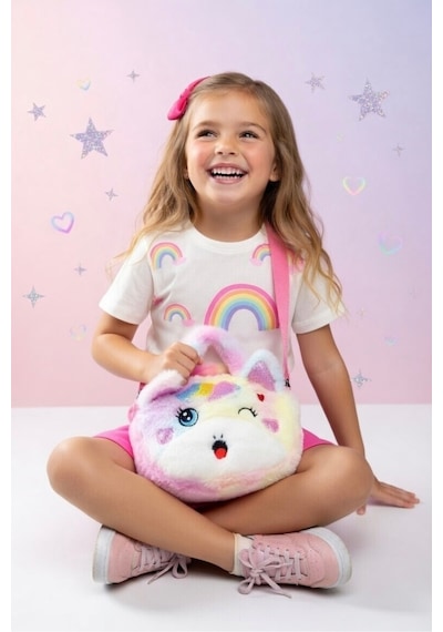 Mollycrush Kız Çocuk Renkli Peluş Çanta Unicorn Tasarımlı Ayarlanabilir Askılı Omuz Ve El Çantası Beyaz