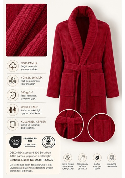 Bordo Çizgili Bornoz %100 Sertifikalı Pamuk Şal Yaka Unisex Banyo Bornoz / Sabahlık 340 Gr/m2 Bordo Renk