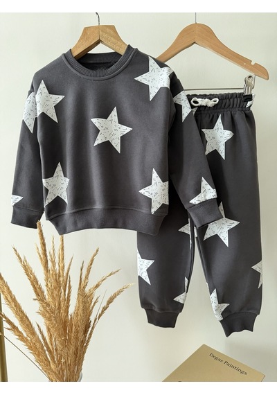 Magu Çocuk Pamuklu Yıldız Desenli Antrasit Sweatshirt Ve Eşofman Altı Takımı Çok Renkli