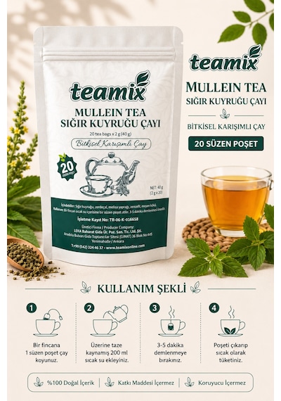 Mullein Tea Sığır Kuyruğu Bitkisel Karışımlı 20 Süzen Poşet Doypack Ambalaj
